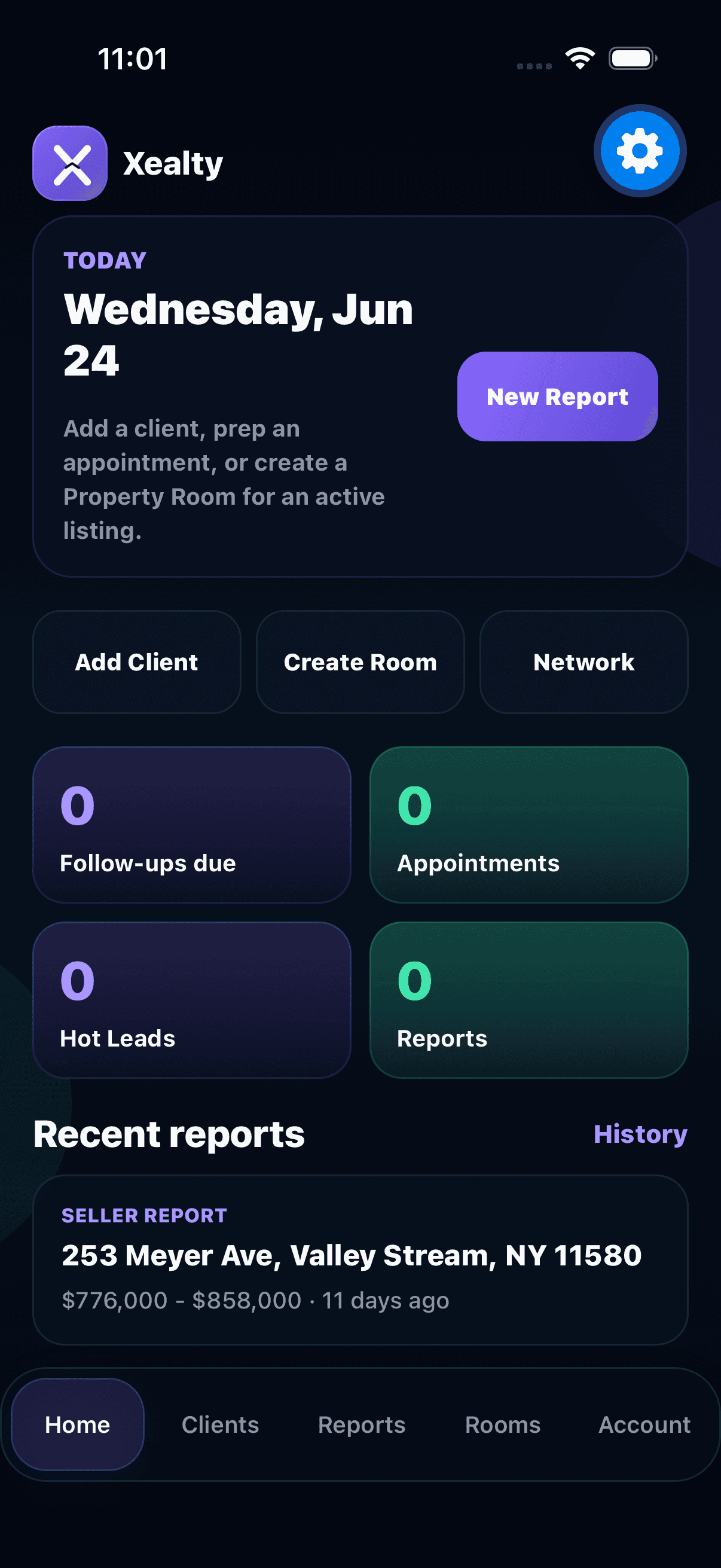 Xealty home dashboard in the iPhone simulator