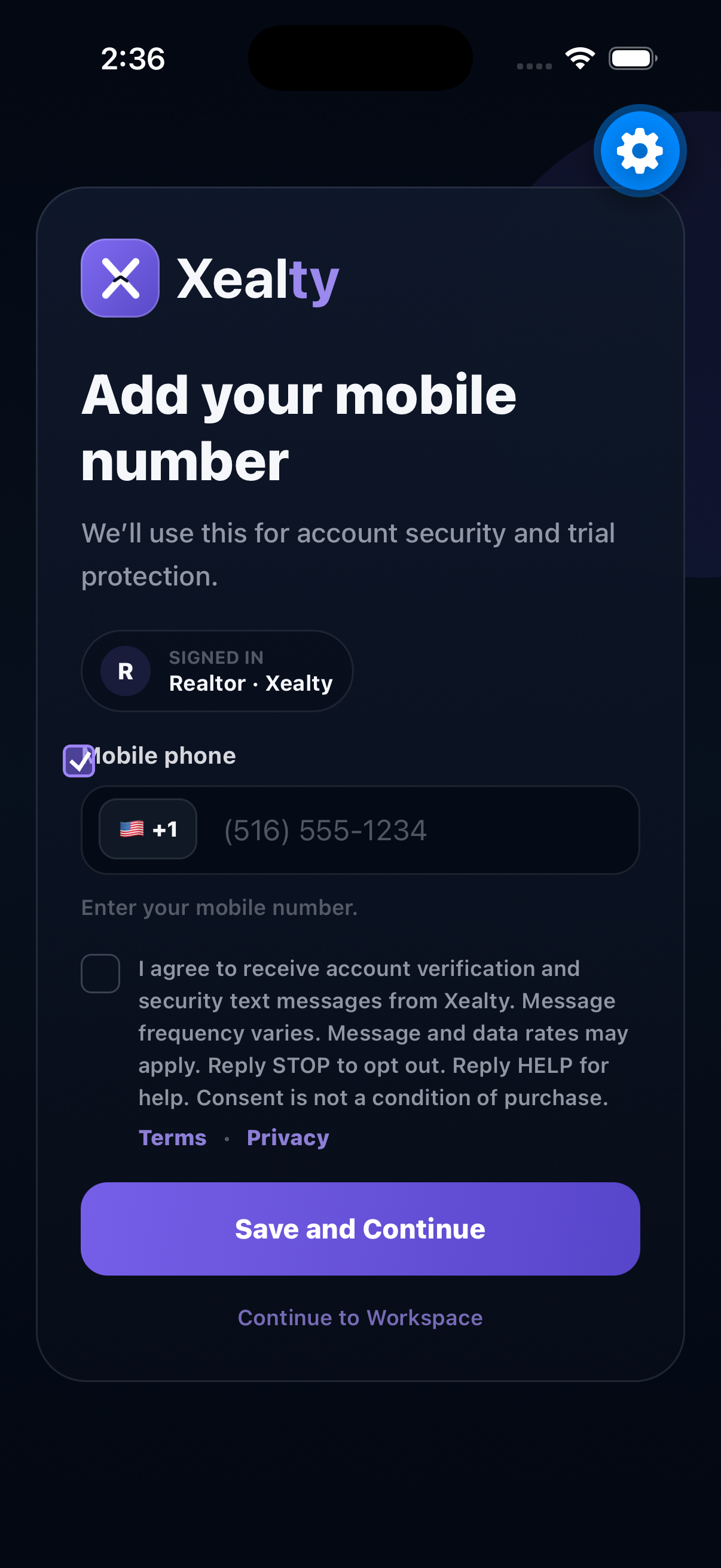 Xealty mobile SMS consent checkbox visible before verification.